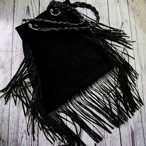 Genuine Black Italian Leather Shoulder Bag Bohemian Tassels New Condition